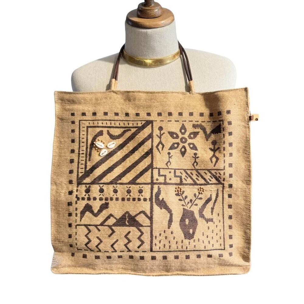 Vintage Handstamped Straw Tribal Purse with Leather Handles Cowry Shells